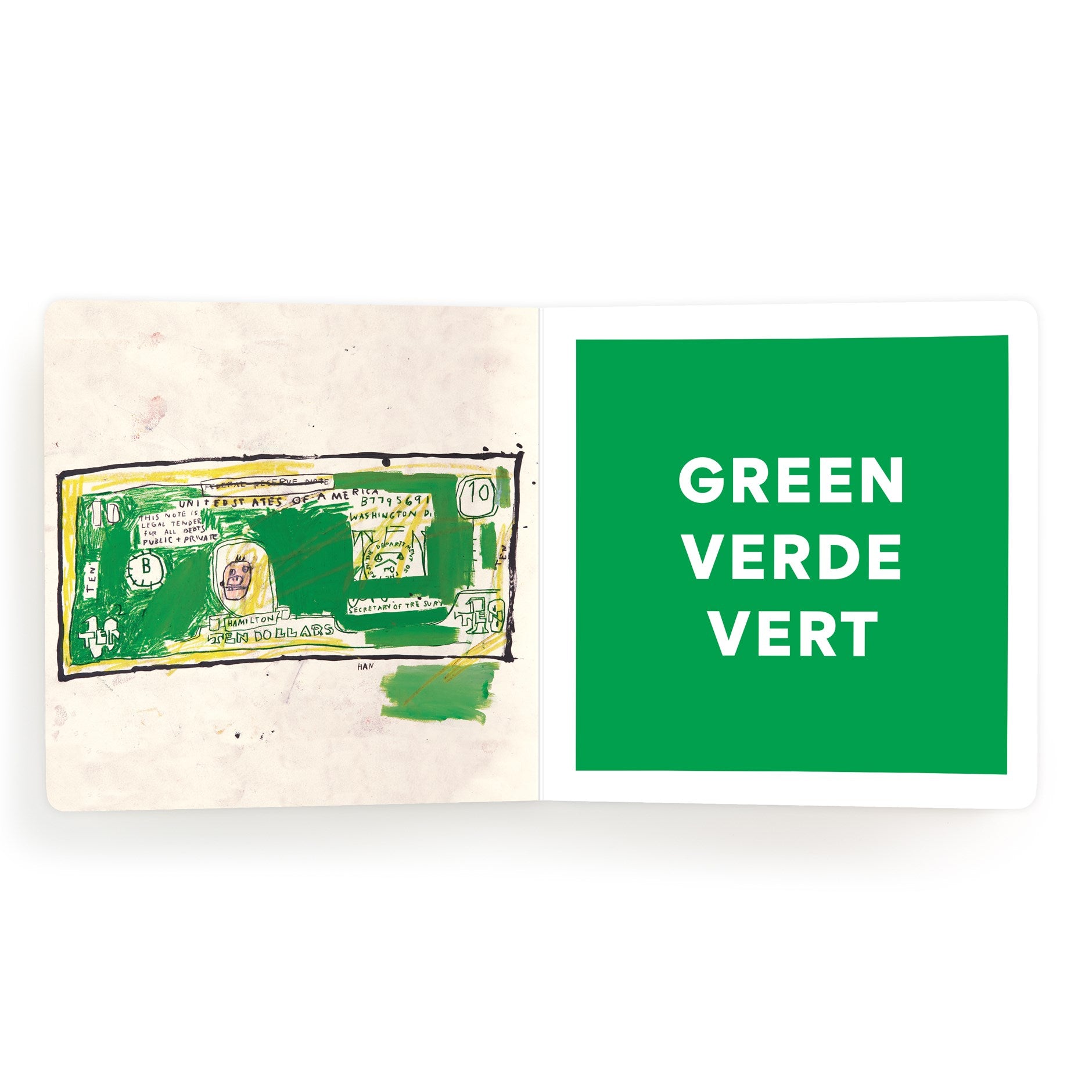 Textile with a green label and 'Green Verde Vert' text on a white background