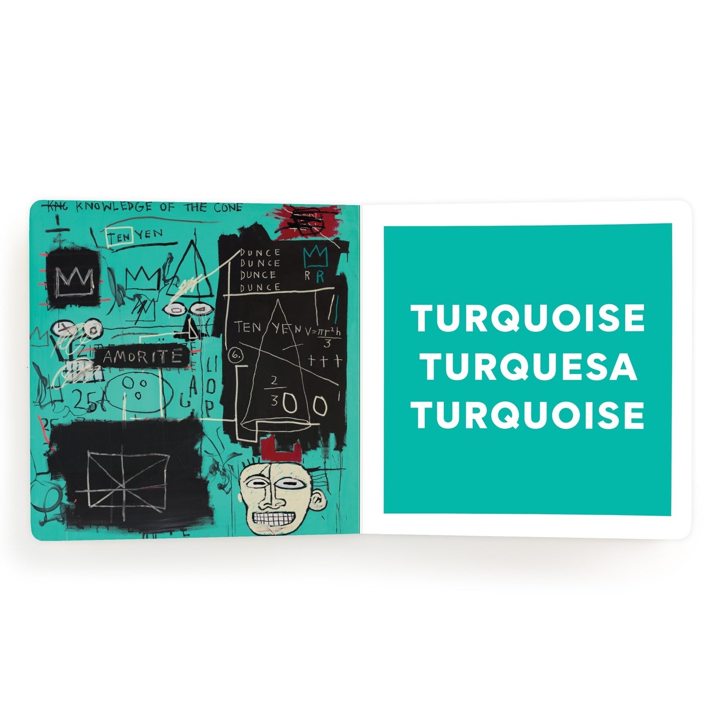 Card with artistic design on turquoise background and text 'Turquoise Turquesa Turquoise'.