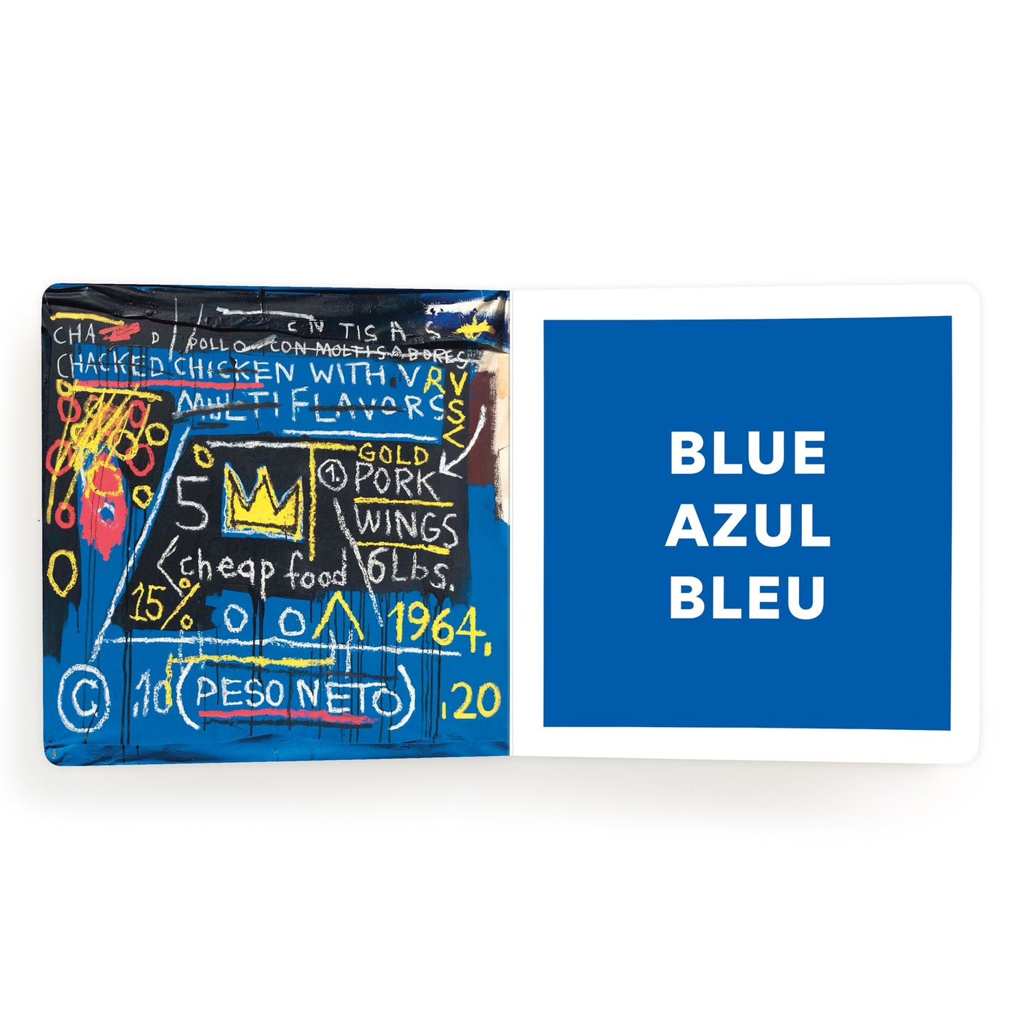 Color swatch with text 'Blue Azul Bleu' next to a colorful product packaging.