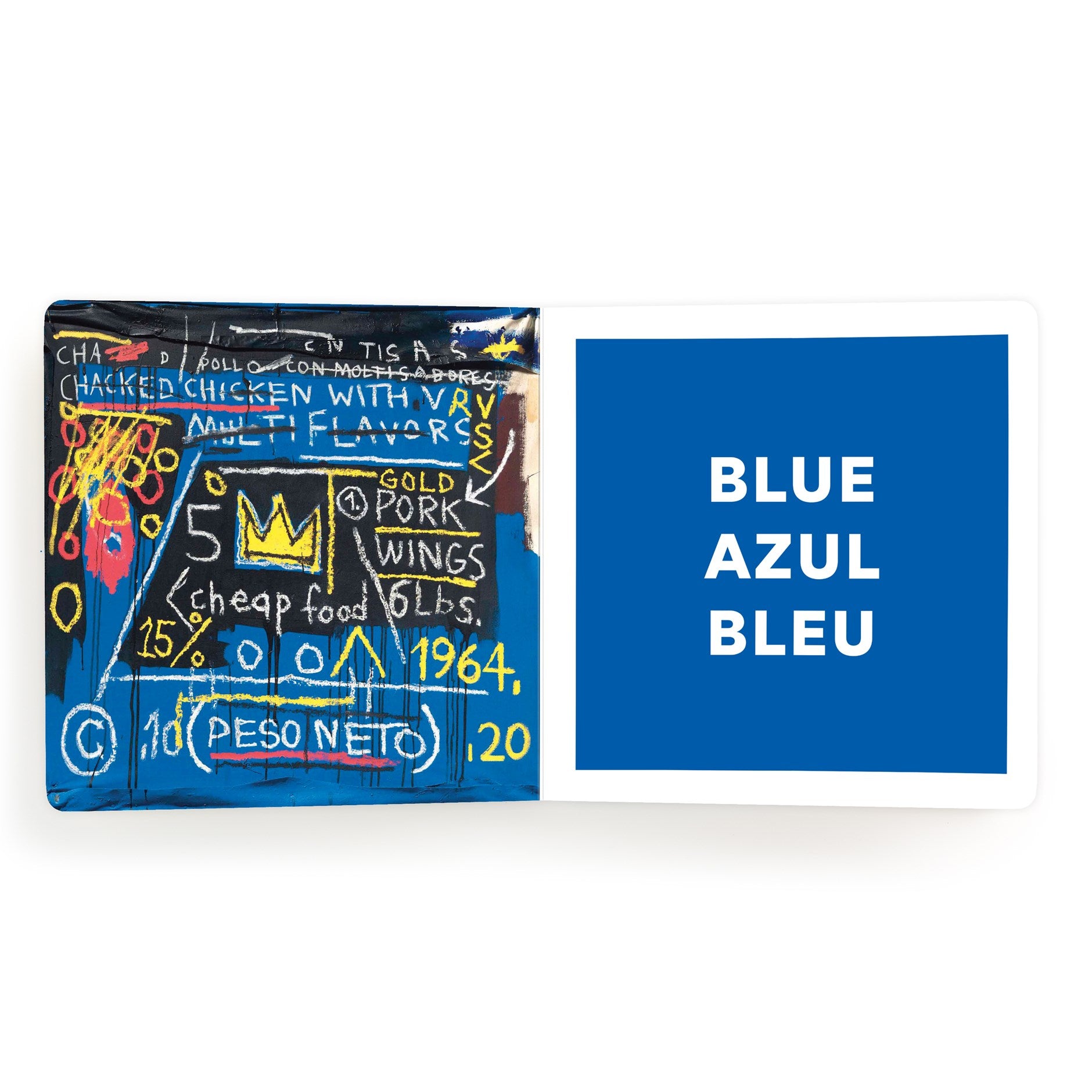 Color swatch with text 'Blue Azul Bleu' next to a colorful product packaging.