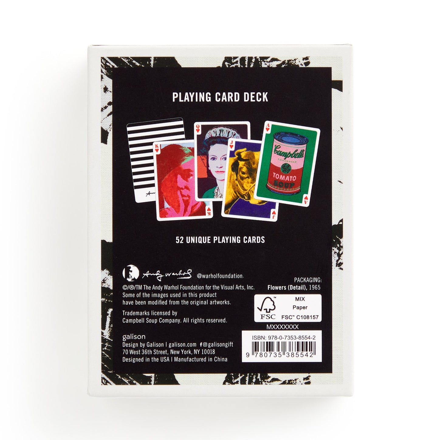 Playing card deck packaging with images of playing cards and text on a white background