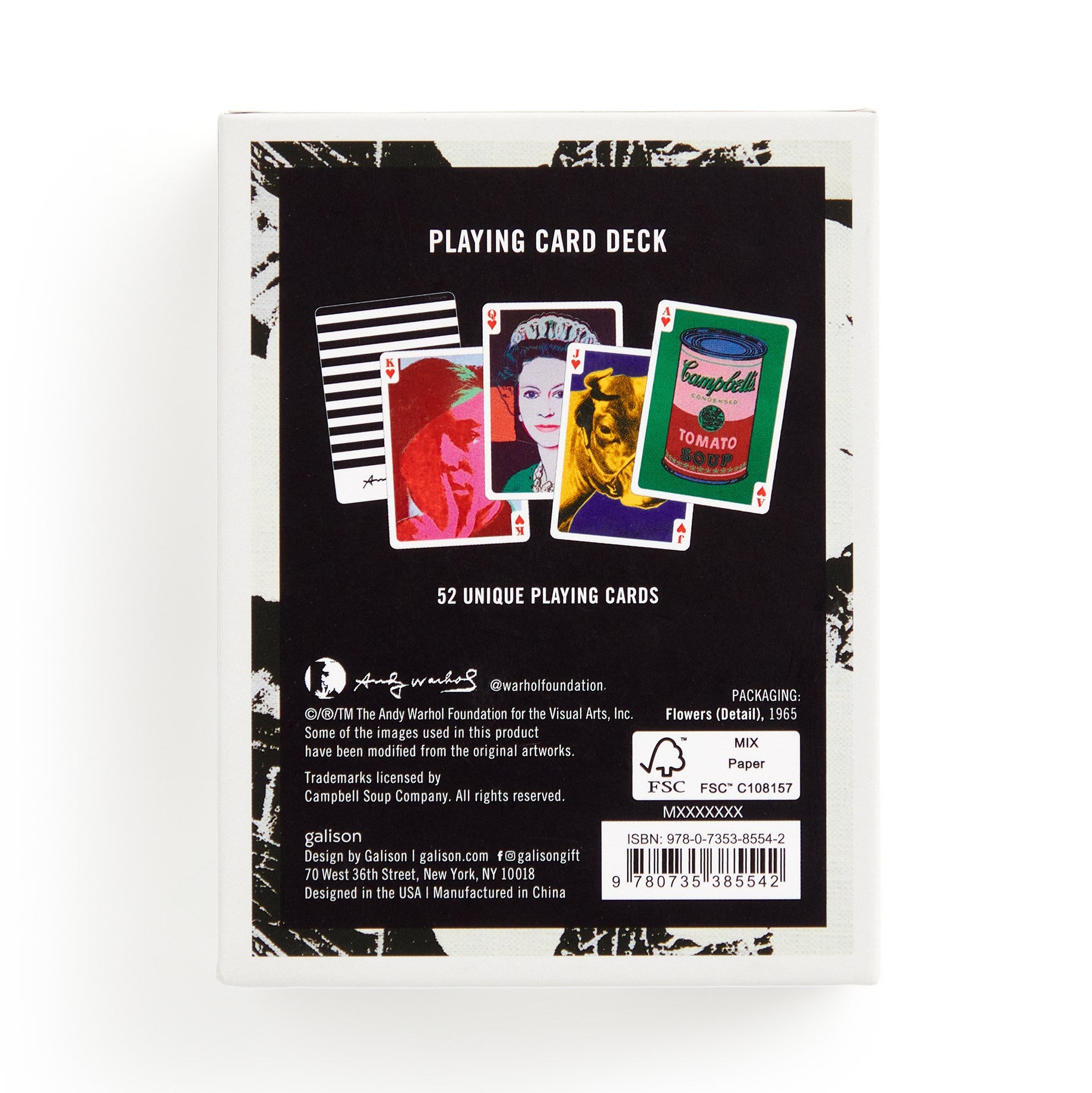 Playing card deck packaging with images of playing cards and text on a white background