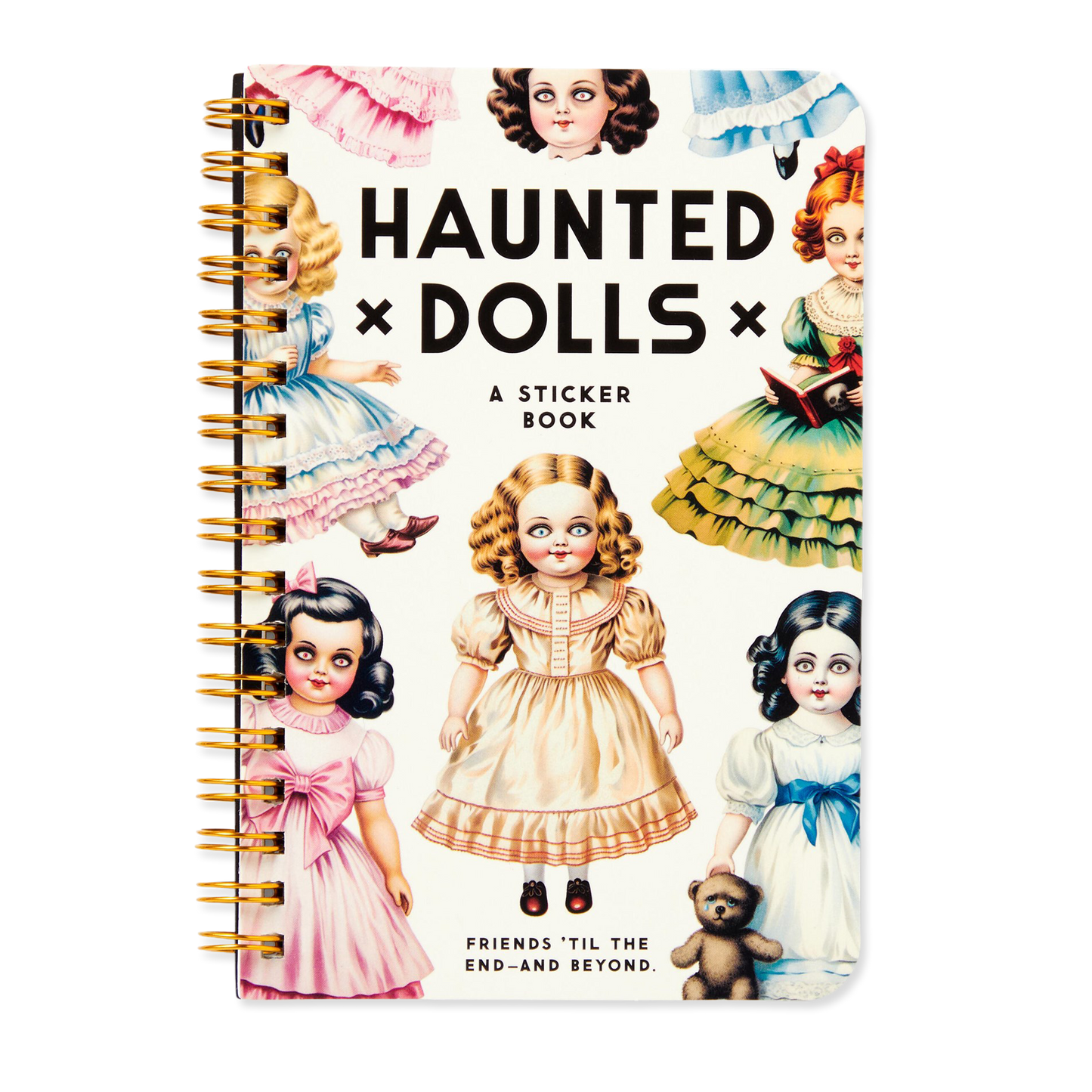 Sticker book cover with illustrations of haunted dolls on a white background