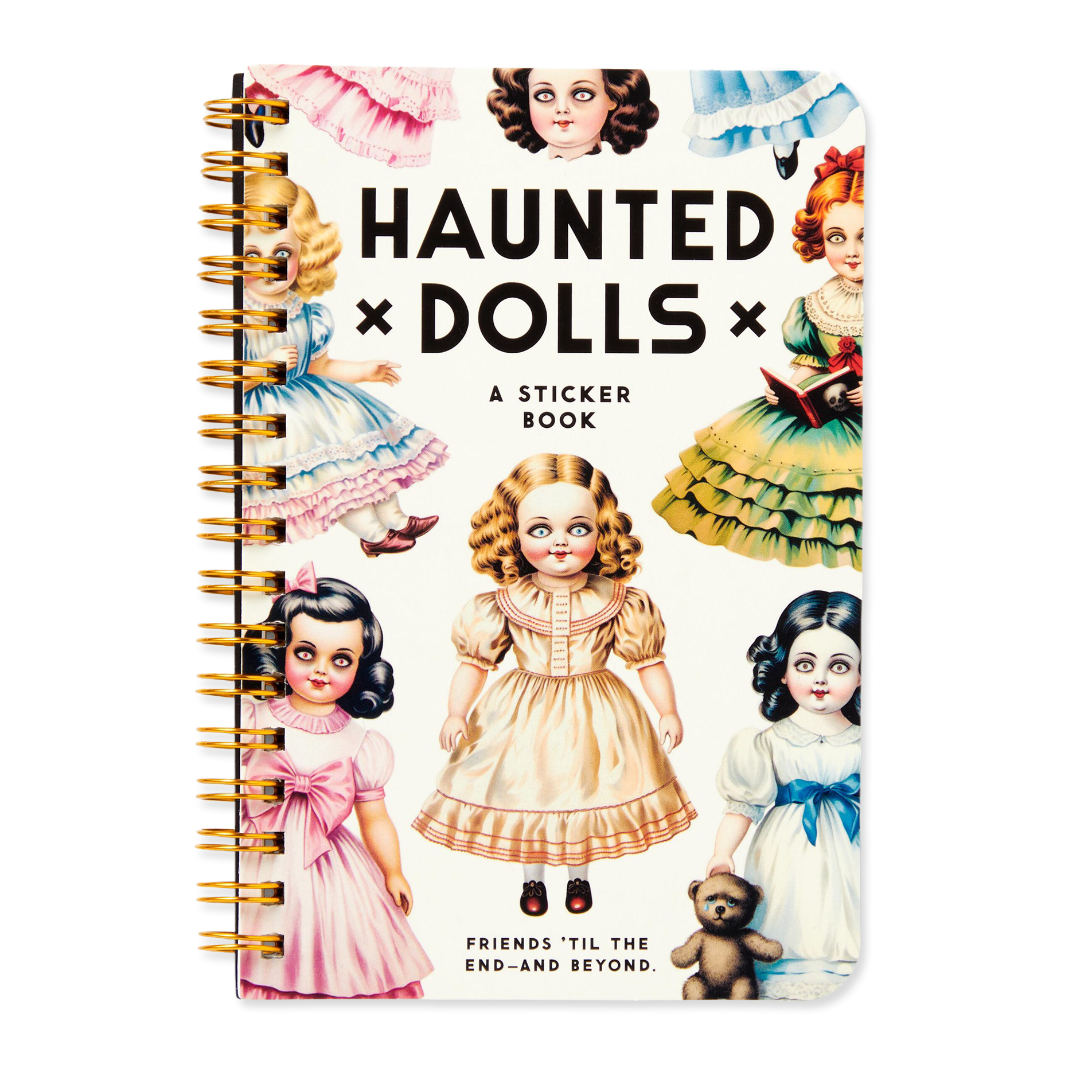 Sticker book cover with illustrations of haunted dolls on a white background