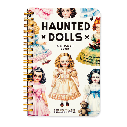 Sticker book cover with illustrations of haunted dolls on a white background