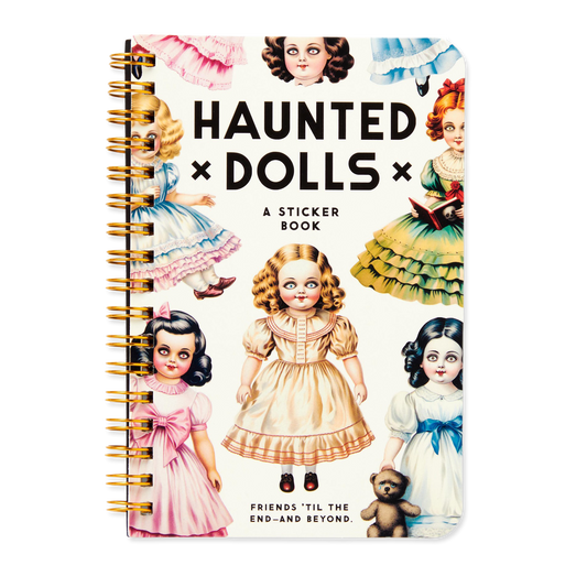 Sticker book cover with illustrations of haunted dolls on a white background