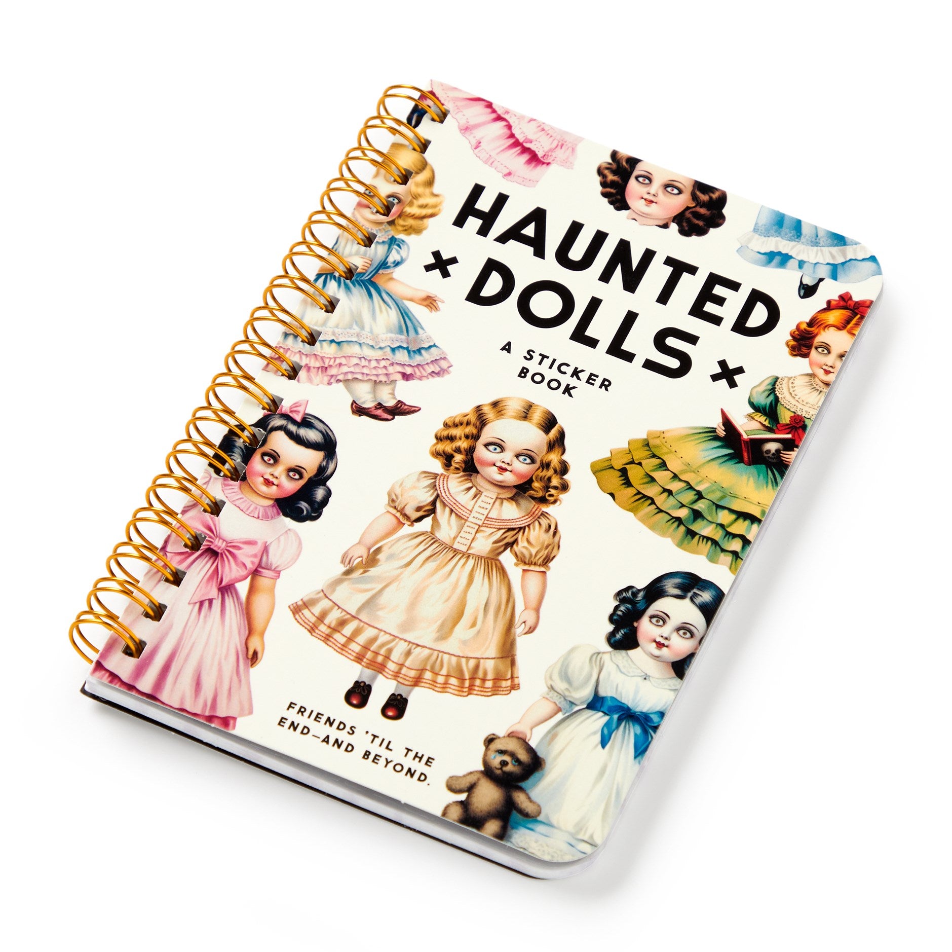 Sticker book titled 'Haunted Dolls' with illustrations of dolls on a white background