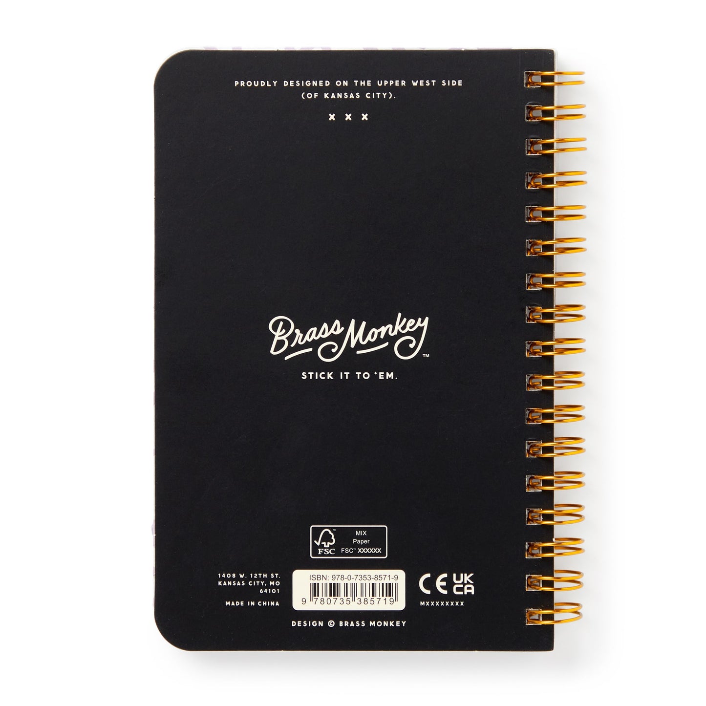 Black notebook with gold spiral binding and 'Brass Monkey' branding on a white background