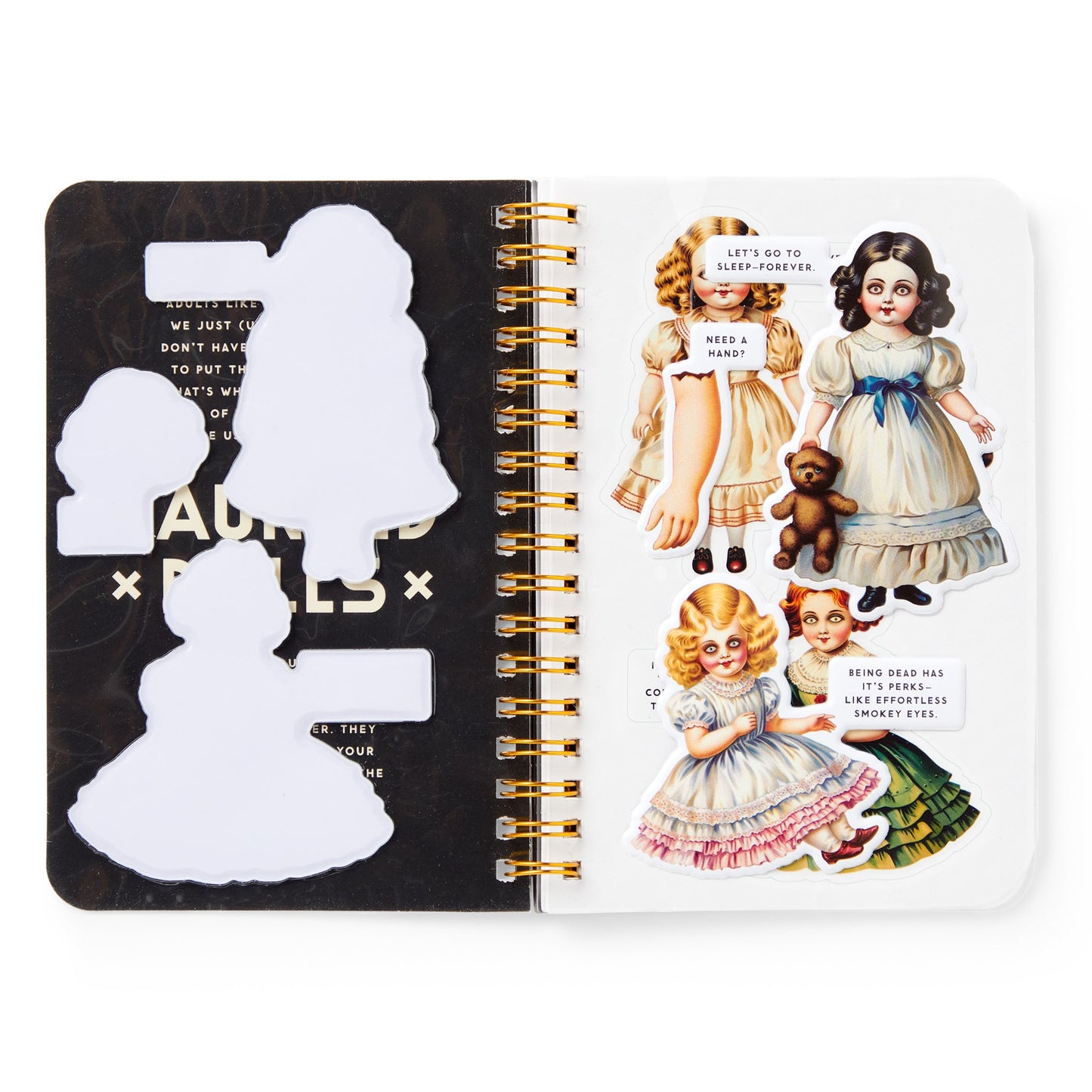 Notebook with vintage-style illustrations of dolls and text on a white background