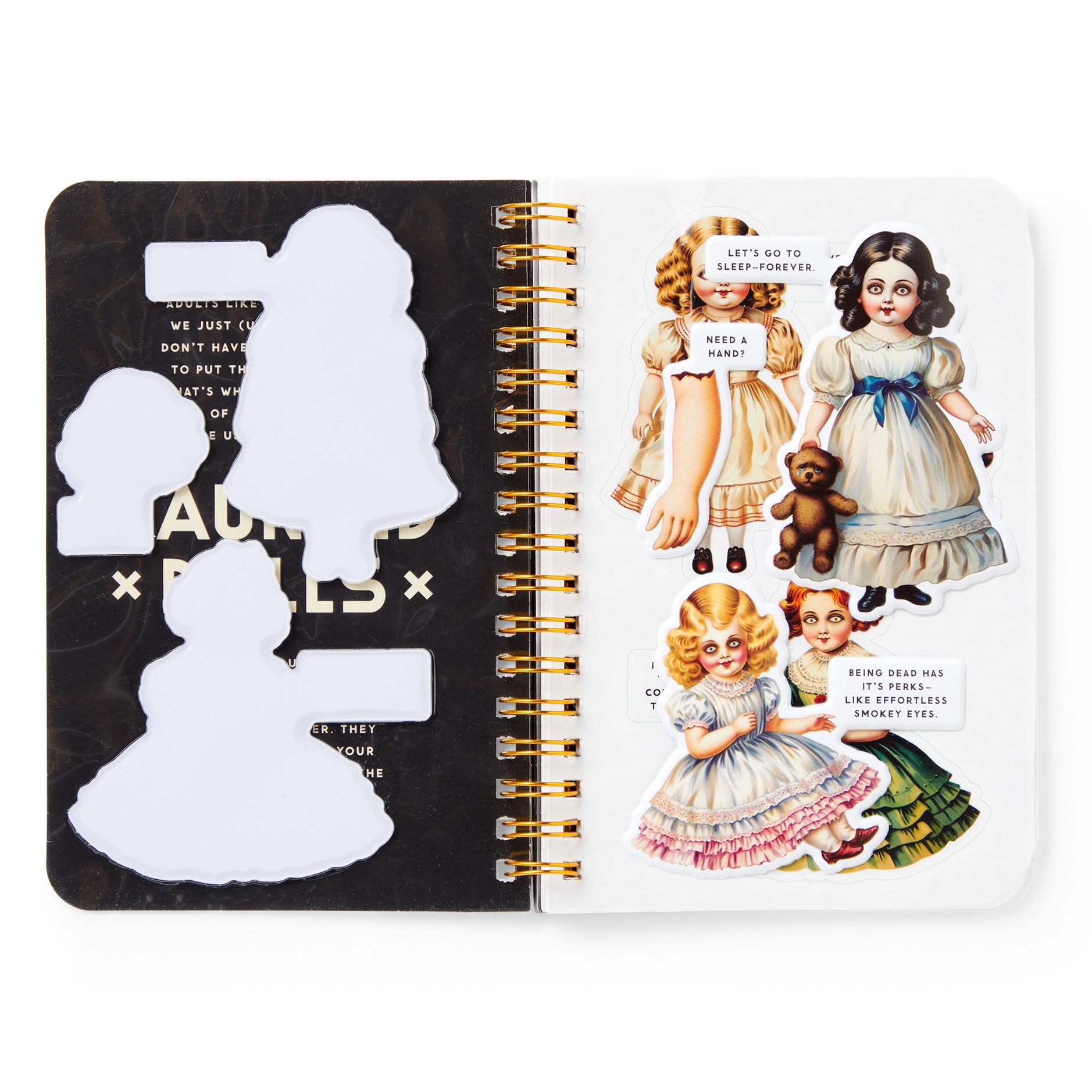 Notebook with vintage-style illustrations of dolls and text on a white background