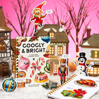 Holiday-themed sticker book with festive illustrations on a Christmas village background