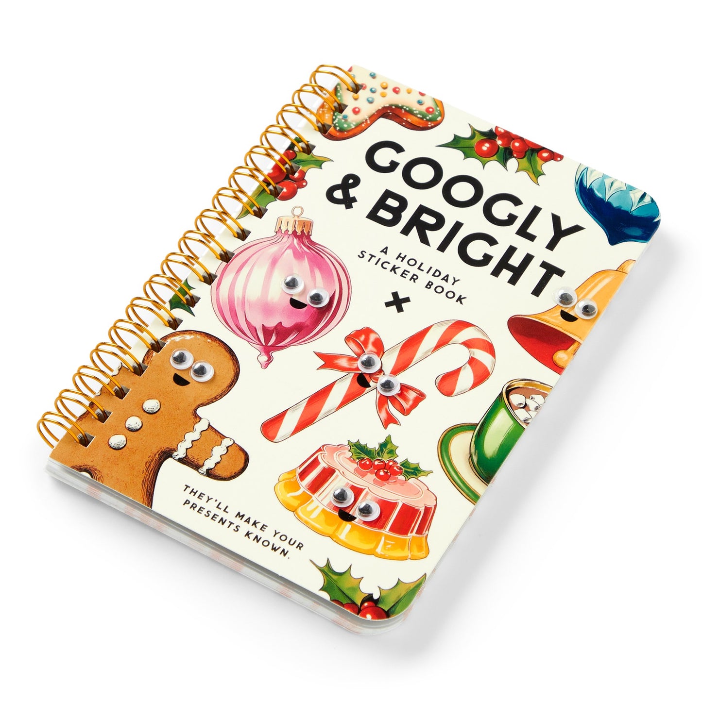 Sticker book titled 'Googly & Bright' with festive illustrations on a white background