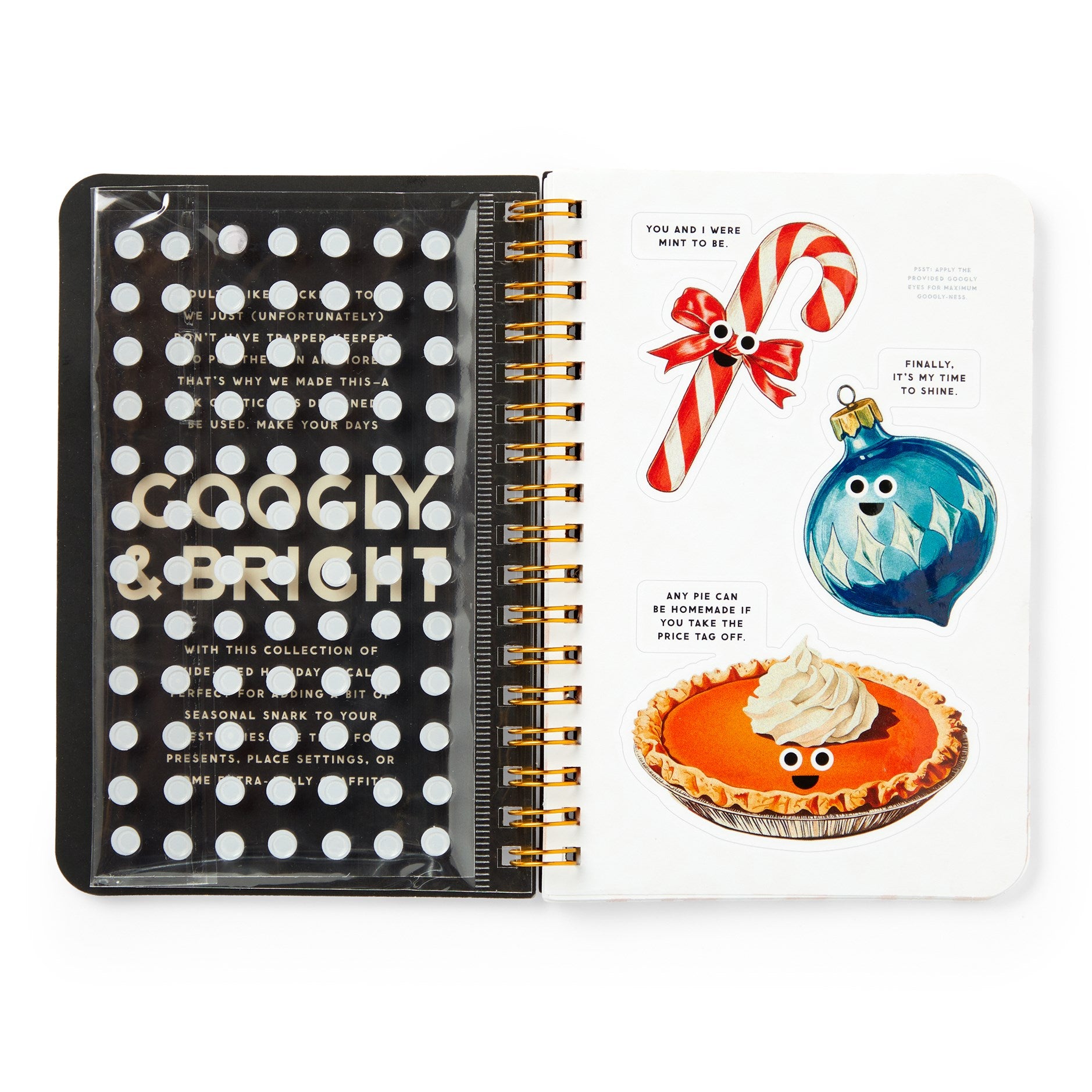 Spiral-bound notebook with polka dot cover and festive page featuring pie, candy cane, and ornament.
