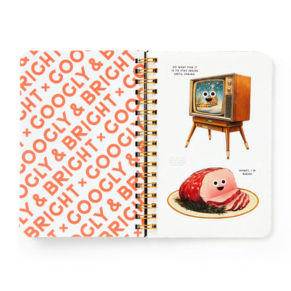 Spiral-bound notebook with a retro design featuring a vintage TV and cartoonish ham on a white background.