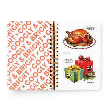 Spiral-bound notebook with a decorative cover featuring a roasted turkey and gift boxes on a white background.