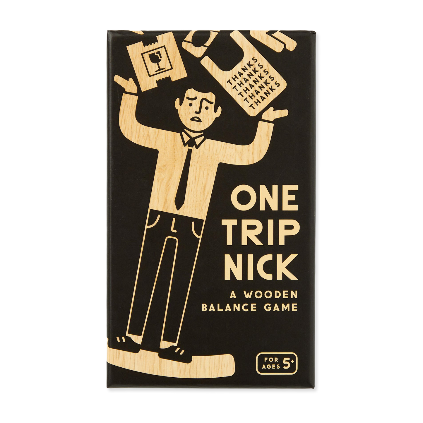 Box for 'One Trip Nick' wooden balance game with illustration of a person holding boxes.