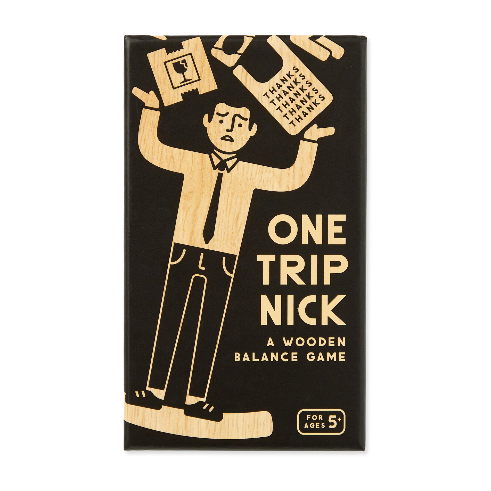 Box for 'One Trip Nick' wooden balance game with illustration of a person holding boxes.