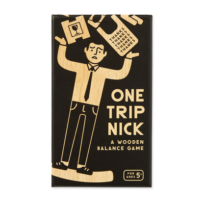 Box for 'One Trip Nick' wooden balance game with illustration of a person holding boxes.