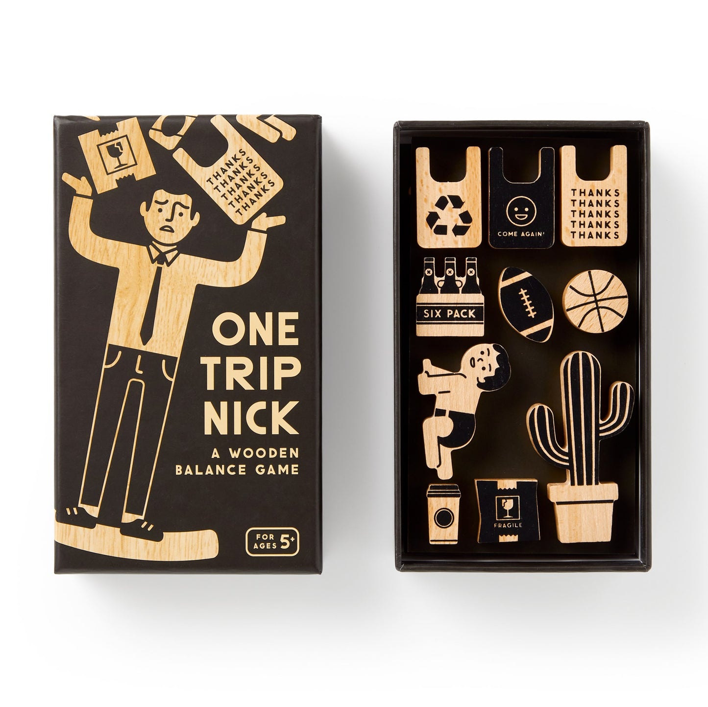 Wooden balance game packaging with illustrations and text on a white background
