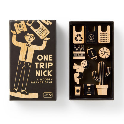 Wooden balance game packaging with illustrations and text on a white background