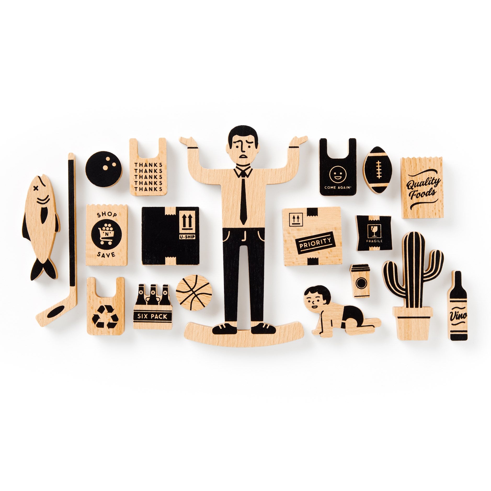 Wooden figure with various icons and symbols on a white background