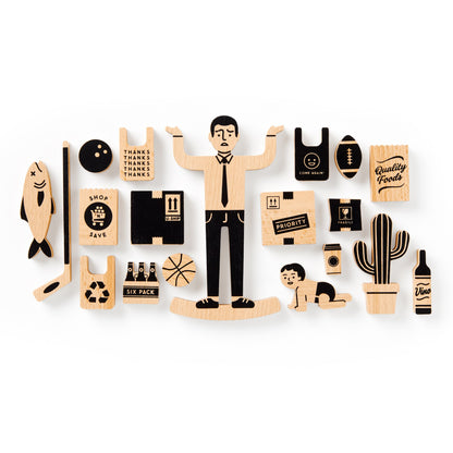 Wooden figure with various icons and symbols on a white background