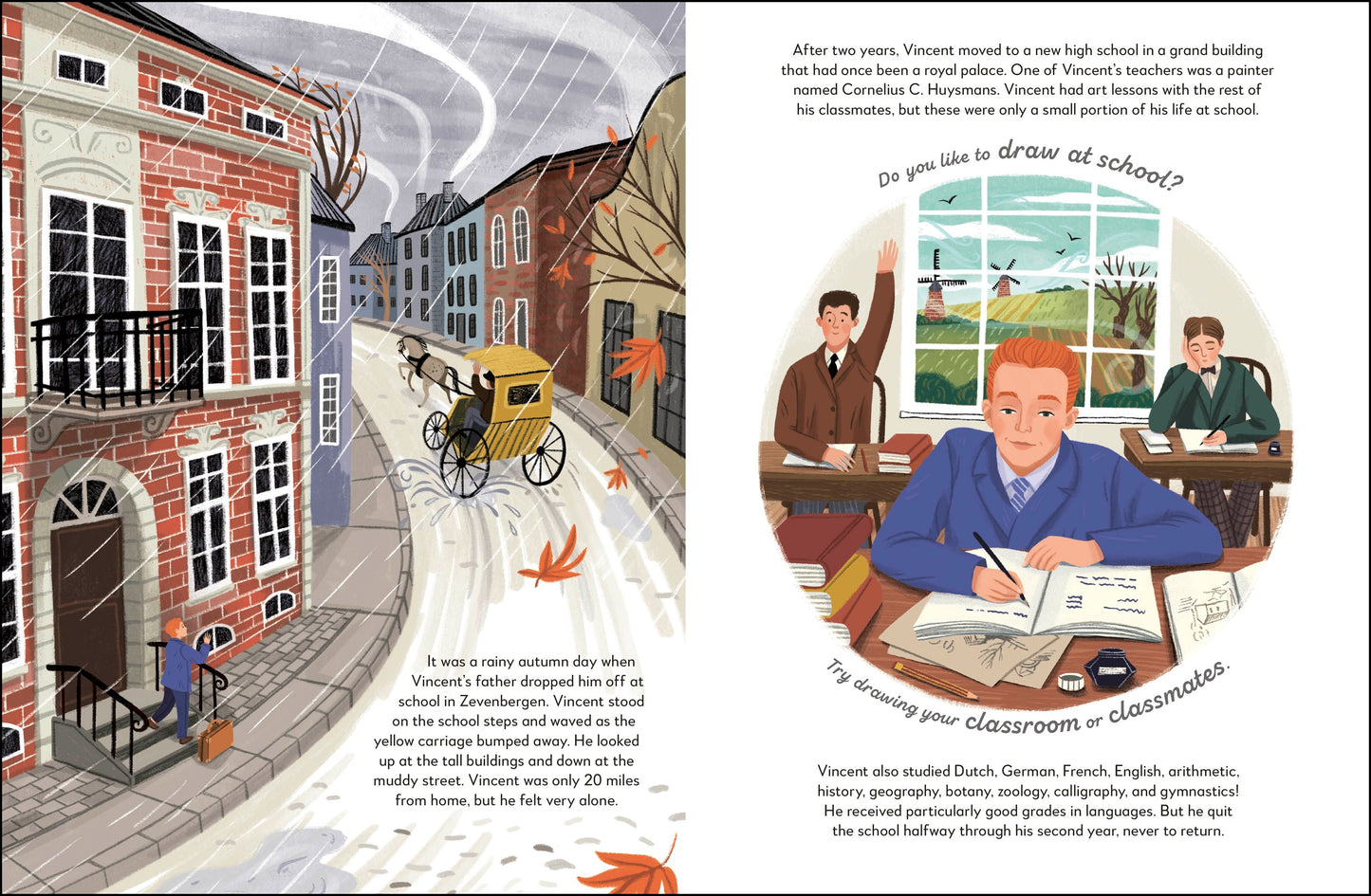Illustrated book page with a street scene and a classroom setting, featuring text about Vincent van Gogh.