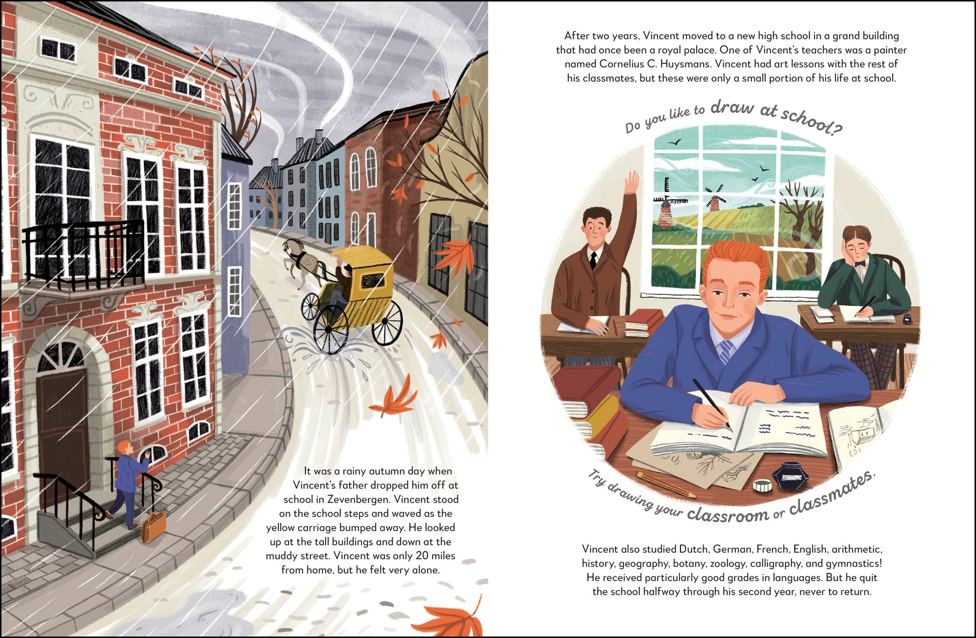 Illustrated book page with a street scene and a classroom setting, featuring text about Vincent van Gogh.