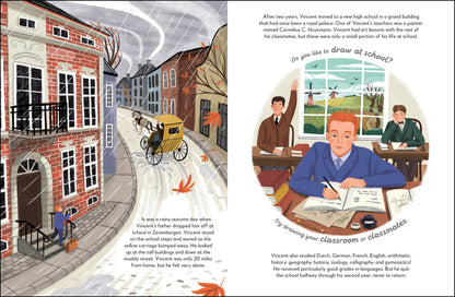 Illustrated book page with a street scene and a classroom setting, featuring text about Vincent van Gogh.