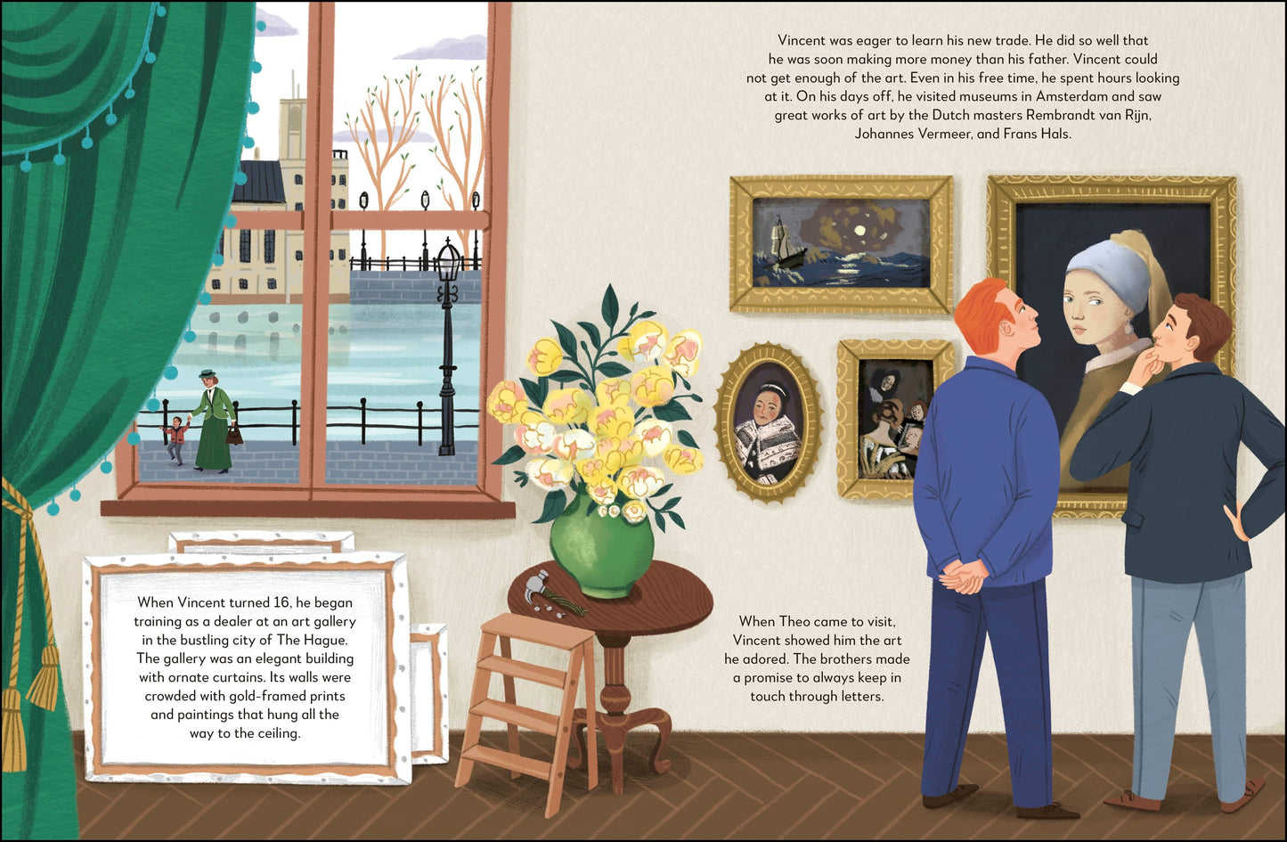 Illustration of a room with a large window, a table with flowers, and people looking at paintings.