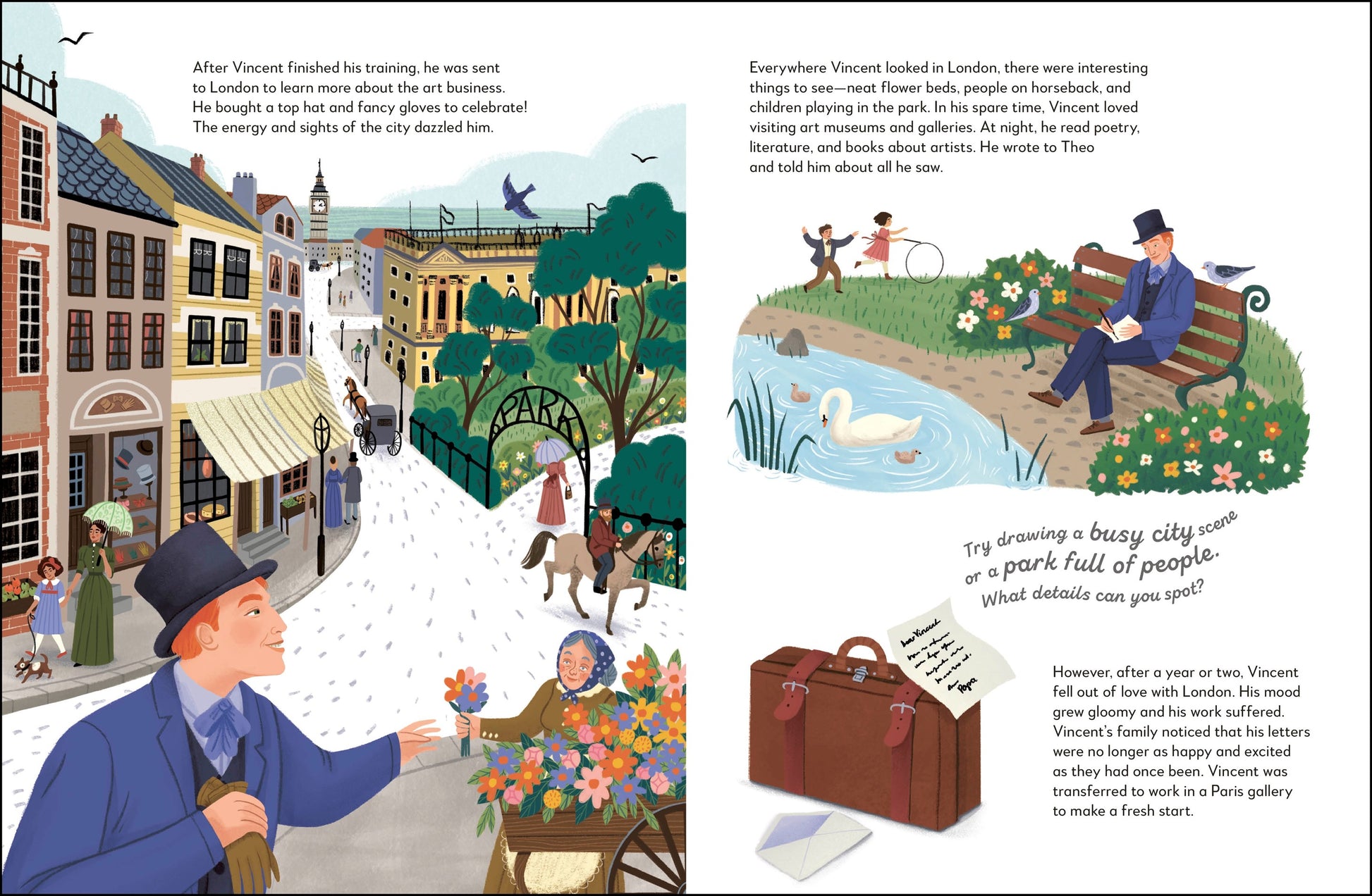 Illustrated book page with a city scene and park, featuring a man with a suitcase and a swan.