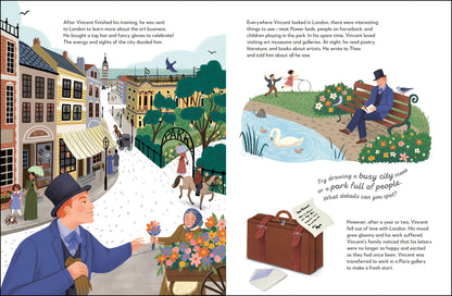 Illustrated book page with a city scene and park, featuring a man with a suitcase and a swan.