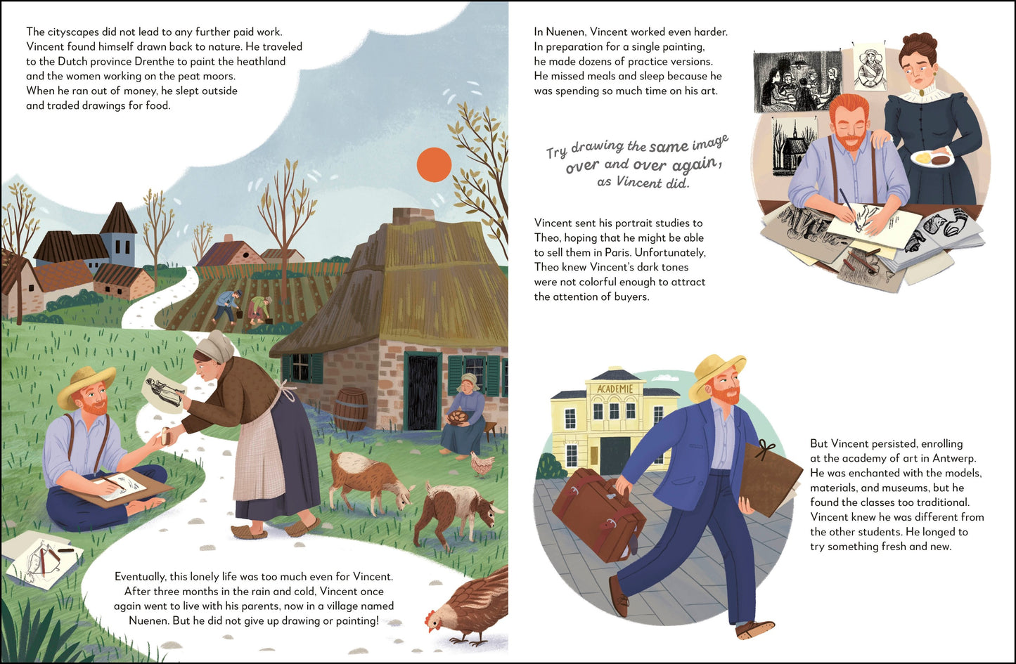 Illustrated book pages with scenes of a village, a man with a suitcase, and people working.