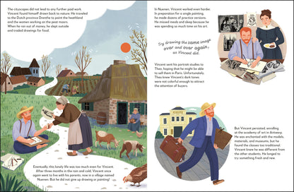 Illustrated book pages with scenes of a village, a man with a suitcase, and people working.