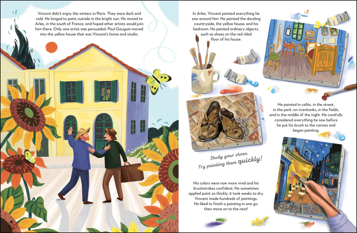 Illustrated book page with colorful scenes and text about Vincent van Gogh's life and art.