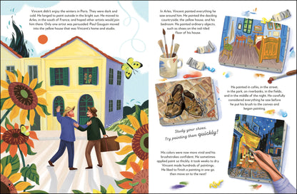 Illustrated book page with colorful scenes and text about Vincent van Gogh's life and art.