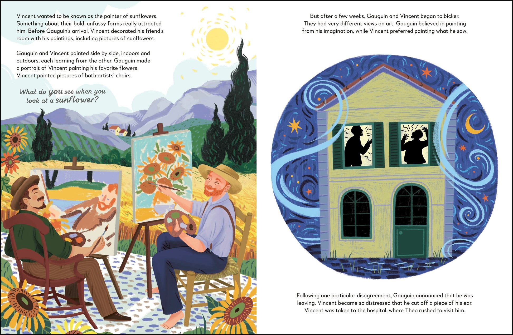Illustrated book page with two scenes: Vincent van Gogh painting sunflowers and a circular inset of a house with silhouettes.
