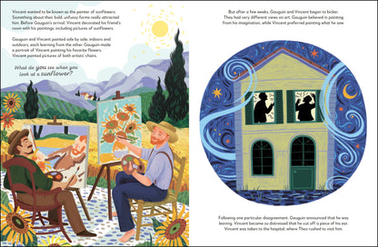 Illustrated book page with two scenes: Vincent van Gogh painting sunflowers and a circular inset of a house with silhouettes.