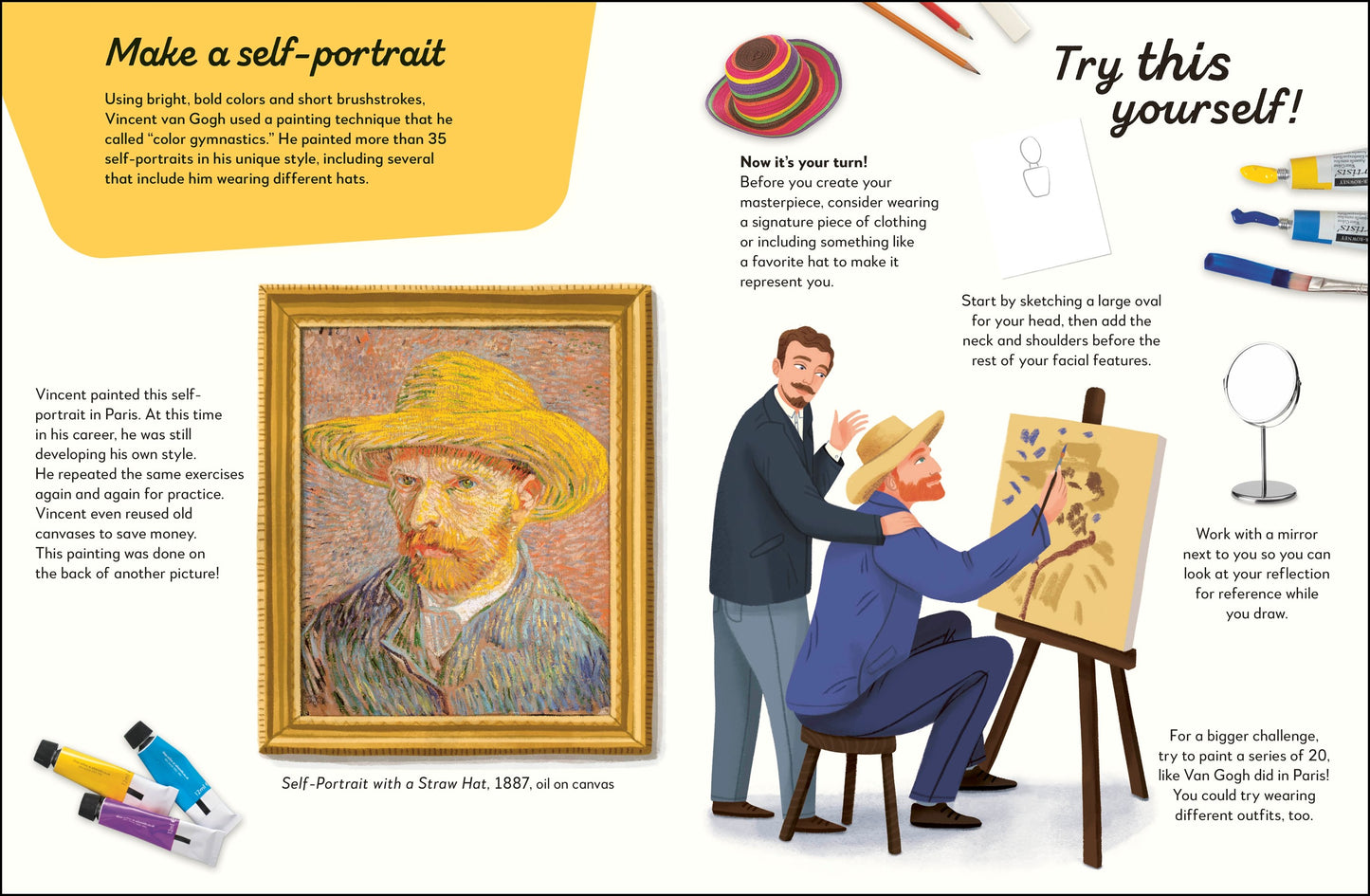 Illustration of a self-portrait activity with Van Gogh's portrait and art supplies.