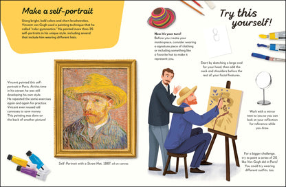 Illustration of a self-portrait activity with Van Gogh's portrait and art supplies.