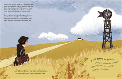 Illustration of a person looking at a windmill in a field with text on a blue sky background.