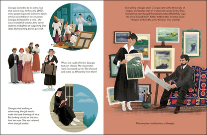Illustrated book page with scenes of a woman in a black dress holding a painting, a man reading a newspaper, and a classroom setting.