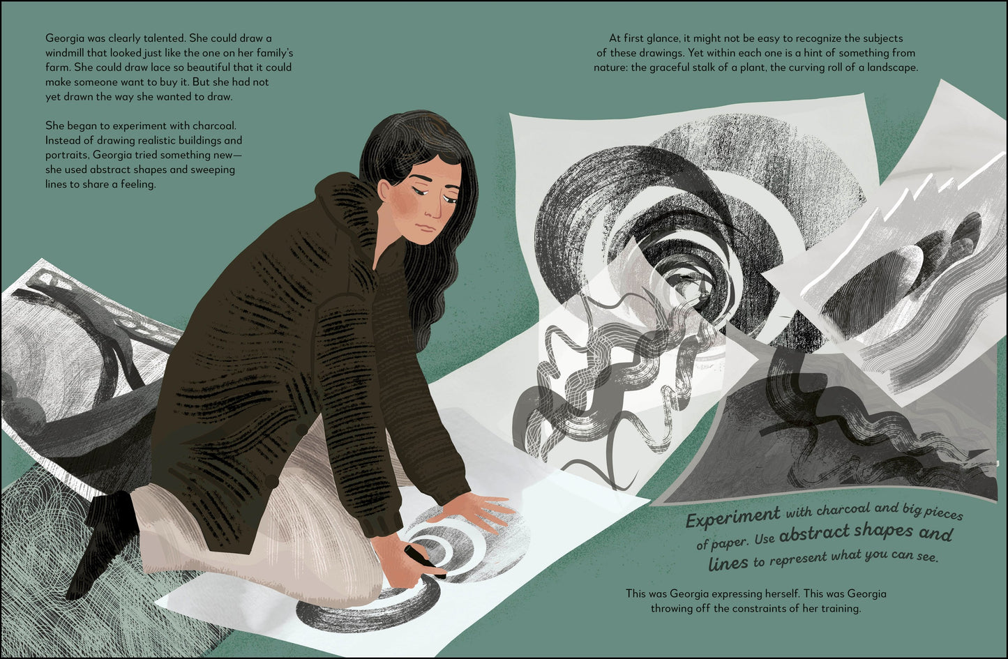 Illustration of a woman working with art supplies on a table, surrounded by abstract shapes and lines.