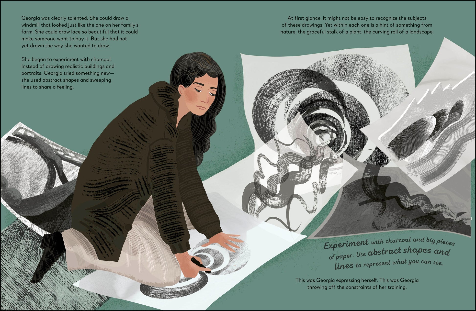 Illustration of a woman working with art supplies on a table, surrounded by abstract shapes and lines.