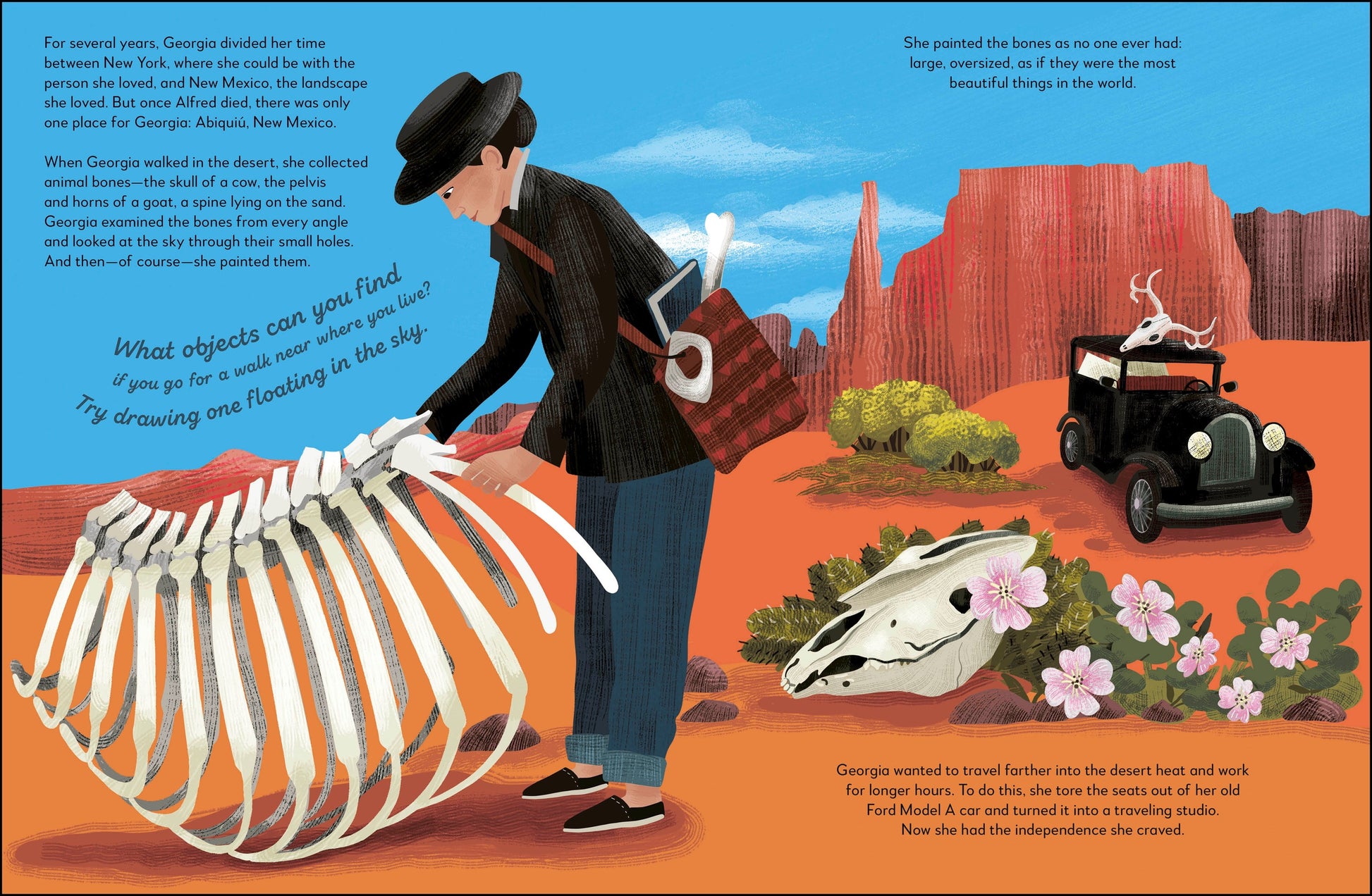 Illustration of a person with a skeleton and a car in a desert landscape