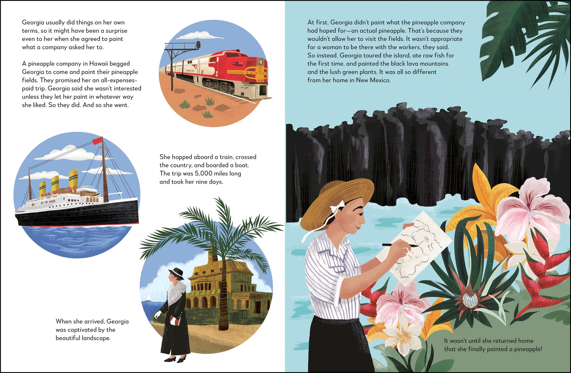 Illustrated book page with a character painting flowers, scenic views, and transportation icons.