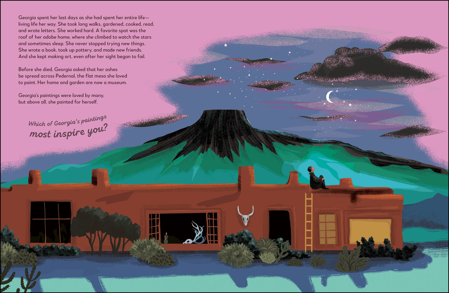 Illustration of a desert scene with a building, cacti, and mountains under a pink sky.