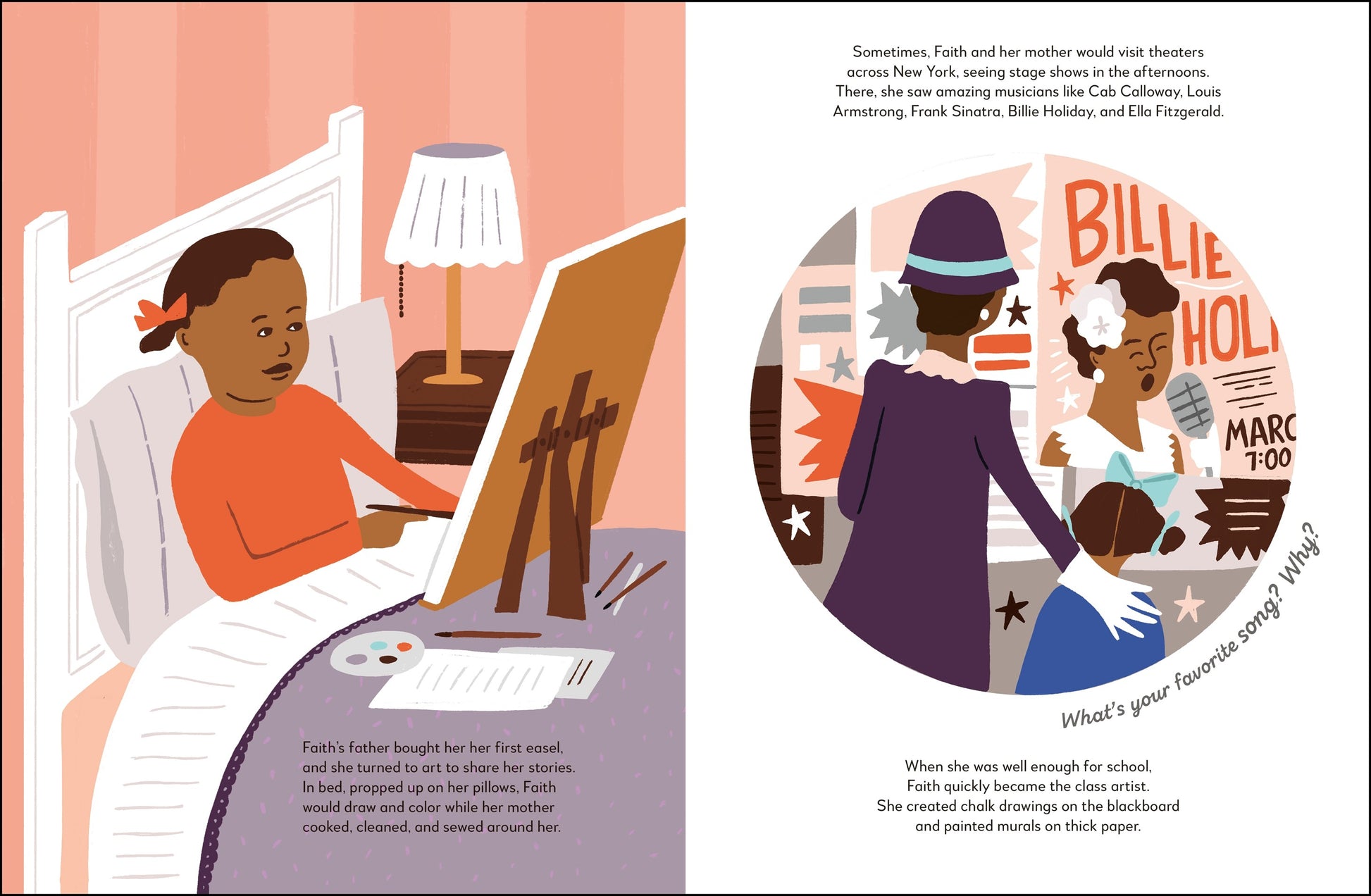 Illustrated book page with a girl drawing and a circle inset showing a woman and child, with text.