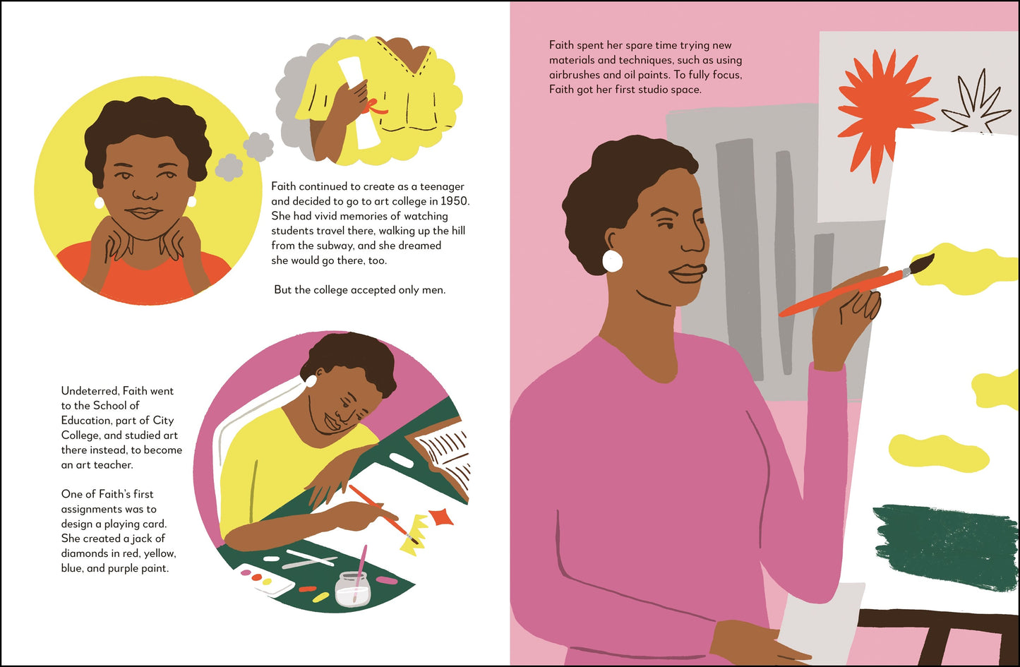Illustrated book page with a woman in a pink shirt holding a paintbrush, surrounded by colorful graphics and text.