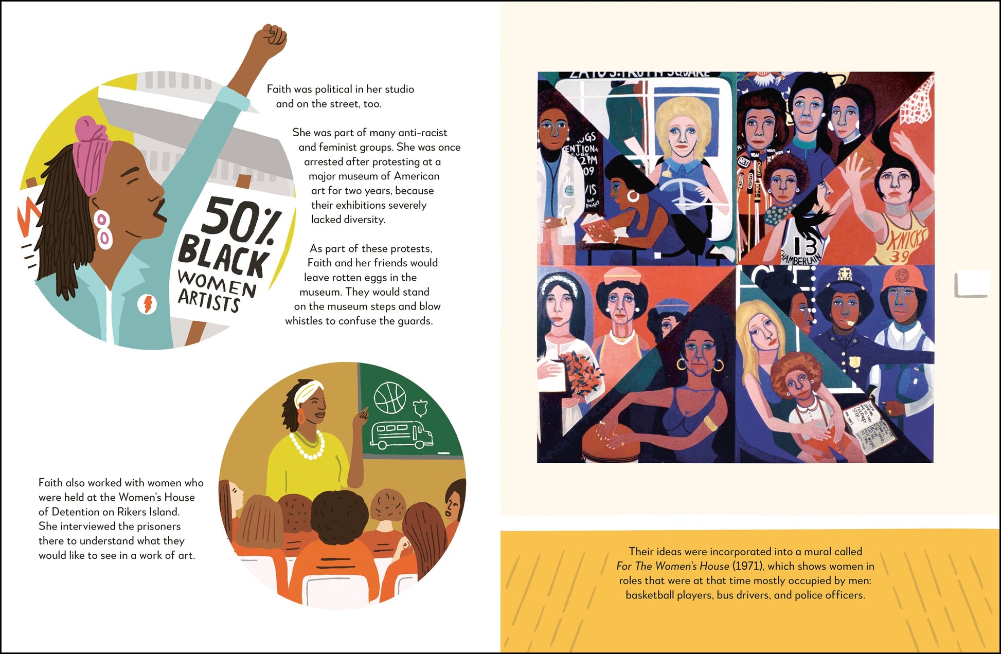 Illustrations of women artists with text on a book page